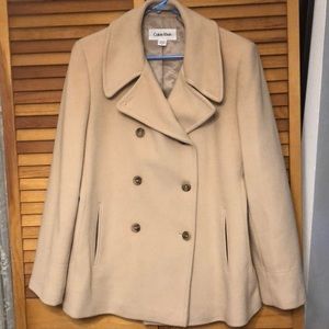 Calvin Klein tan double breasted coat, pea coat.